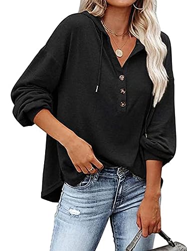 Luotelk Kapuzenpullover Damen Knopfleiste Leichter Pullover V Ausschnitt Casual Sweatshirt mit Kapuze Kordelzug Oberteil(S) von Luotelk