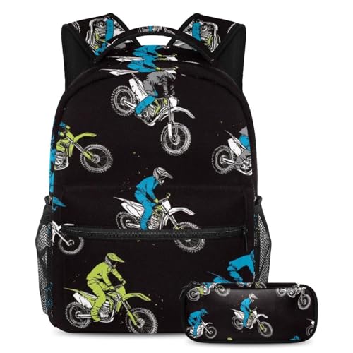 Cartoon-Motorrad-Schulrucksack und Federmäppchen-Set für Teenager, Mädchen, Jungen, leichte Büchertaschen, Reiserucksack, Mehrfarbig 1, Einheitsgröße, Reiserucksäcke Cartoon-Motorrad-Schulrucksack und Federmäppchen-Set für Teenager, Mädchen, Jungen, leichte Büchertaschen, Reiserucksack, Mehrfarbig 1, Einheitsgröße, Reiserucksäcke von Luoweisi