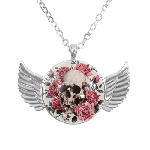 Luoweisi Engelsflügel-Halskette mit Totenkopf-Blumen, Zinklegierung, Schmuck, Geschenke für Männer und Frauen, Einheitsgröße, Aluminiumlegierung, Kein Edelstein von Luoweisi