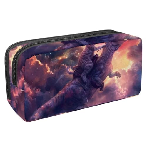 Luoweisi Federmäppchen, großes Fassungsvermögen, Stifteetui, Schreibwaren-Organizer, multifunktionales Federmäppchen für Bürobedarf, Aufbewahrung, lustige Katze, die Dinosaurier-Nebel reitet, von Luoweisi