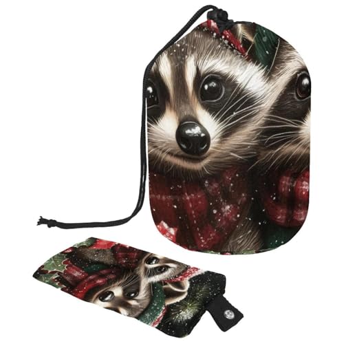 Make-up-Tasche mit Kordelzug, große Kapazität, Reise-Kosmetiktasche mit kleinem Reißverschluss, tragbar, faule Kulturbeutel, Geschenke für Frauen, Waschbären, Schnee, Wald, Weihnachten, Mehrfarbig 7, von Luoweisi