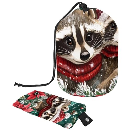 Make-up-Tasche mit Kordelzug, große Kapazität, Reise-Kosmetiktasche mit kleinem Reißverschluss, tragbar, faule Kulturbeutel, Geschenke für Frauen, Waschbären, Schnee, Wald, Weihnachten, Mehrfarbig 9, von Luoweisi
