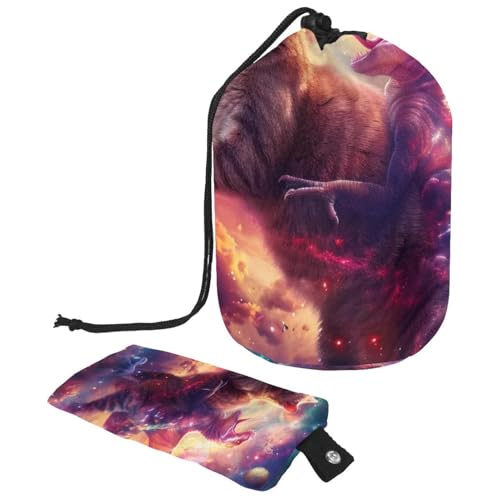 Make-up-Tasche mit Kordelzug, großes Fassungsvermögen, Reise-Kosmetiktasche mit kleinem Reißverschluss, tragbar, faule Kulturbeutel, Geschenke für Frauen, Galaxie-Dinosaurier, reitende Katze, von Luoweisi