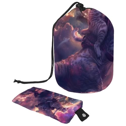 Make-up-Tasche mit Kordelzug, großes Fassungsvermögen, Reise-Kosmetiktasche mit kleinem Reißverschluss, tragbar, faule Kulturbeutel, Geschenke für Frauen, Galaxie-Dinosaurier, reitende Katze, von Luoweisi