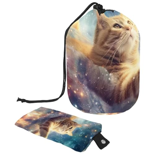 Make-up-Tasche mit Kordelzug, großes Fassungsvermögen, Reise-Kosmetiktasche mit kleinem Reißverschluss, tragbar, faule Kulturbeutel, Geschenke für Frauen, Galaxie-Dinosaurier, reitende Katze, von Luoweisi