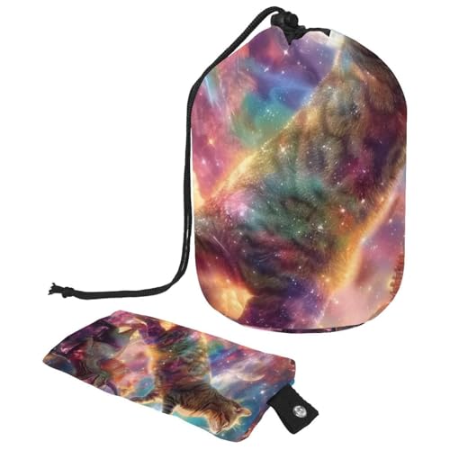 Make-up-Tasche mit Kordelzug, großes Fassungsvermögen, Reise-Kosmetiktasche mit kleinem Reißverschluss, tragbar, faule Kulturbeutel, Geschenke für Frauen, Galaxie-Dinosaurier, reitende Katze, von Luoweisi
