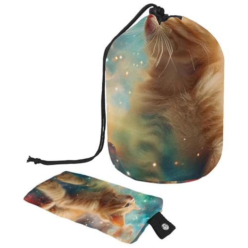 Make-up-Tasche mit Kordelzug, großes Fassungsvermögen, Reise-Kosmetiktasche mit kleinem Reißverschluss, tragbar, faule Kulturbeutel, Geschenke für Frauen, Galaxie-Dinosaurier, reitende Katze, von Luoweisi