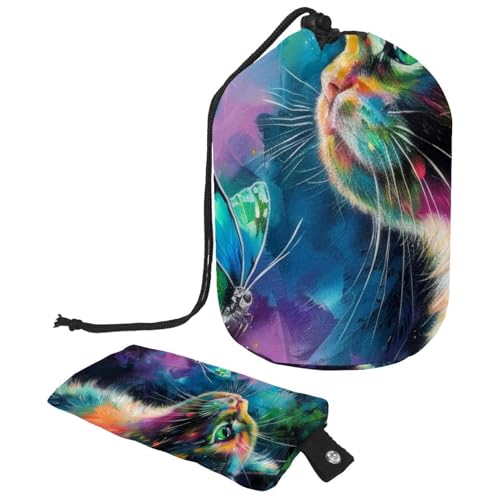 Make-up-Tasche mit Kordelzug, großes Fassungsvermögen, Reise-Kosmetiktasche mit kleinem Reißverschluss, tragbar, faule Kulturbeutel, Geschenke für Frauen, Galaxie-Dinosaurier, reitende Katze, von Luoweisi