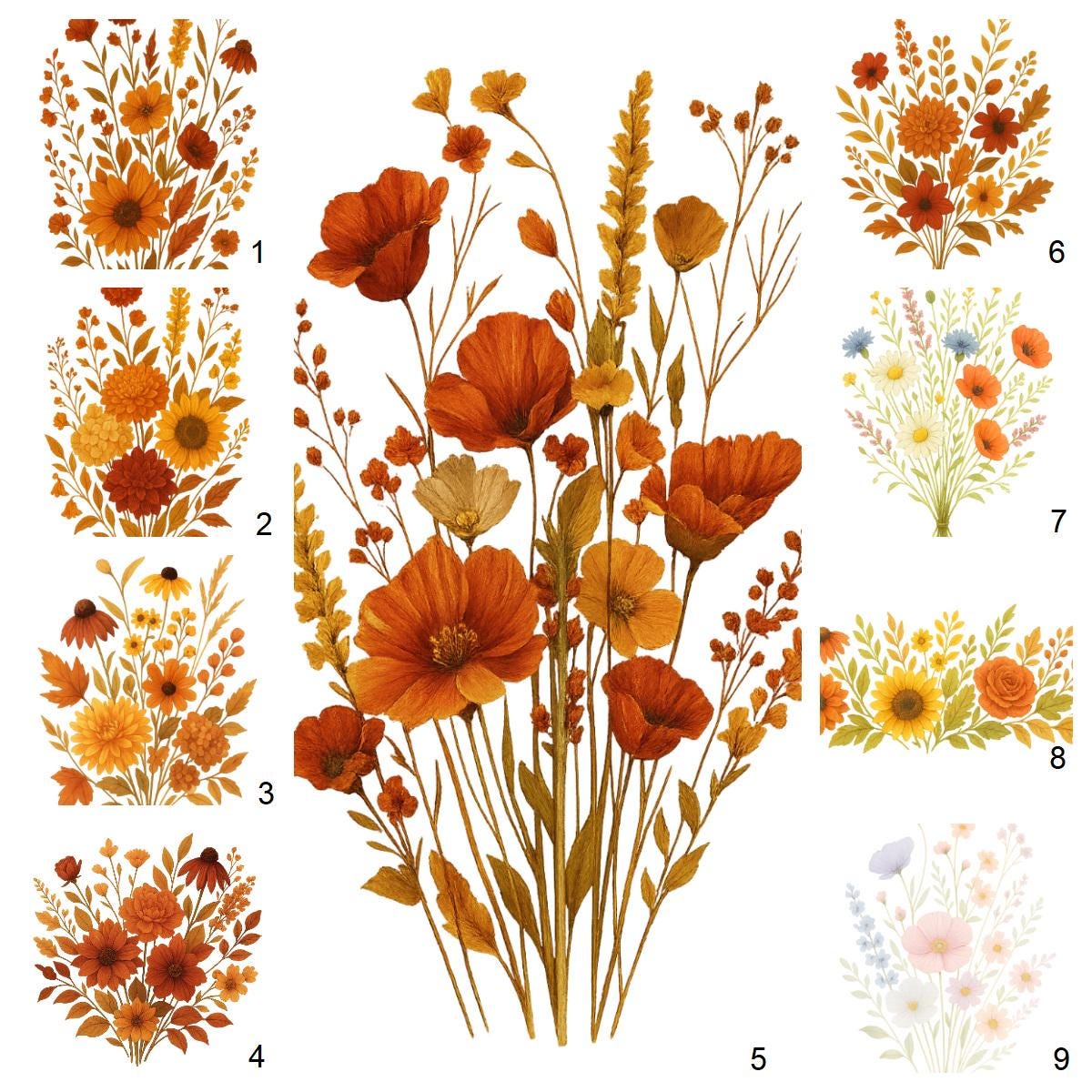 Herbstblumen Herbstliche Farben Mohn, Sonnenblumen, Rostrot, Orange Bügelbild Lupama-Handmade Herbstblumen Herbstliche Farben Mohn, Sonnenblumen, Rostrot, Orange Bügelbild Lupama-Handmade von Lupama