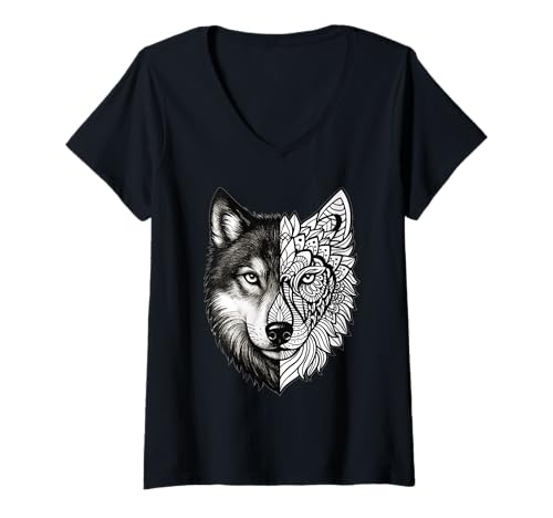 Damen Halb Wolf Mandala Grafik – Realistischer Wolfskopf T-Shirt mit V-Ausschnitt von Lupine & Line Studio