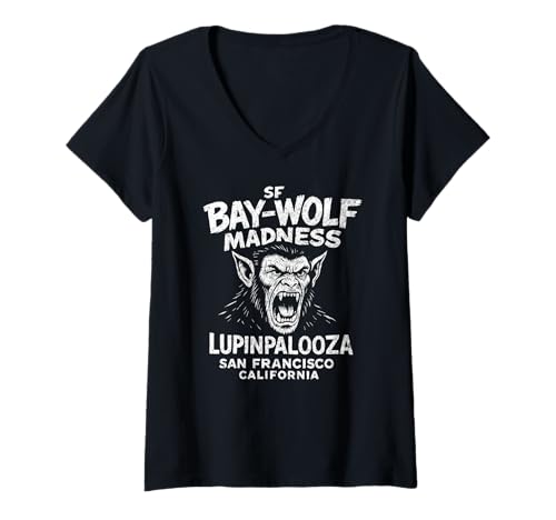Damen SF Bay Wolf Madness Lupinpalooza Halloween Werwolf T-Shirt mit V-Ausschnitt Damen SF Bay Wolf Madness Lupinpalooza Halloween Werwolf T-Shirt mit V-Ausschnitt von Lupinpalooza Festival Apparel Co.