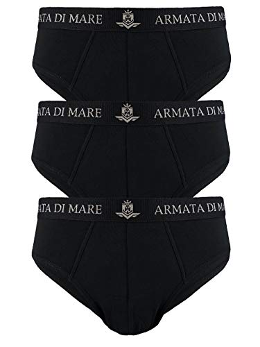 Armata di mare 3 Herren-Slips aus elastischer Baumwolle mit sichtbarem Gummizug außen und Schriftzug Weiß Schwarz Grau Blau (4/M, Schwarz), Schwarz , M von Lupsty