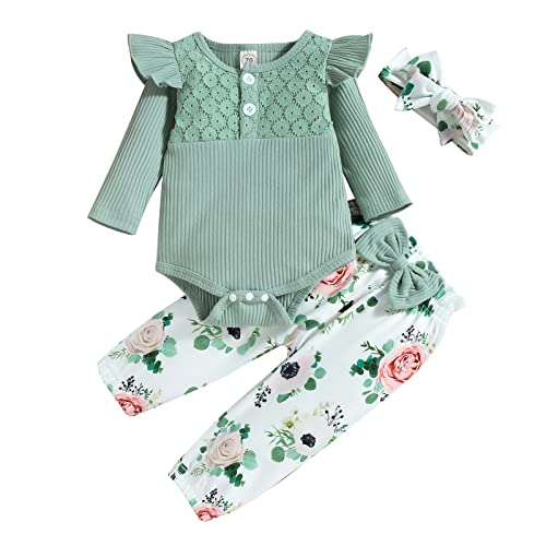 Saeevima Kleinkind Baby Mädchen Kleidung 2pcs Set Einfarbig Langarm Pullover Body Strampler Rüschen Elastische Taille Blumen Lange Hosen Stretch Stirnband Mädchen Outfits (Grün 1, 18-24 Months) von Lupsty