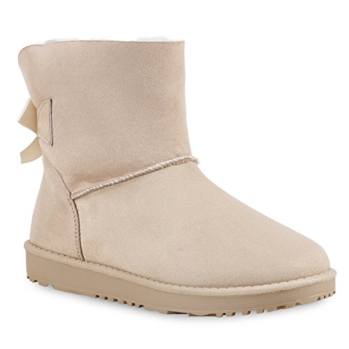 Warm Gefütterte Damen Stiefel Schlupfstiefel Boots Stiefeletten Schuhe 130006 Beige Schleife 39 Flandell von Lupsty