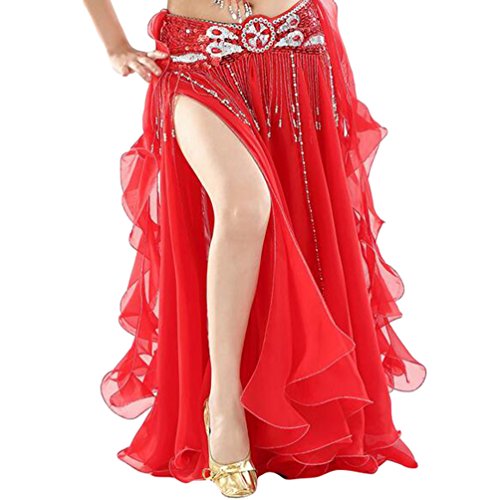 YuanDian Damen Chiffon Einfarbig Professionelle Tänzerin Bauchtanz Spliss Öffnungs Swing Long Rock Tanzkostüm Bauch Dance Kleid Rot (Nicht inbegriffen ist Gürtel) von Lupsty