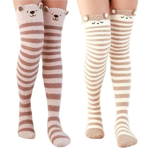 Lupy 2 Paar Kniestrümpfe Damen, Overknee Flauschige Oberschenkel lange Socken, Kuschelsocken Korallenvlies Coral Fleece Warme Süße Thigh High Socks Winter für Frauen Mädchen von Lupy