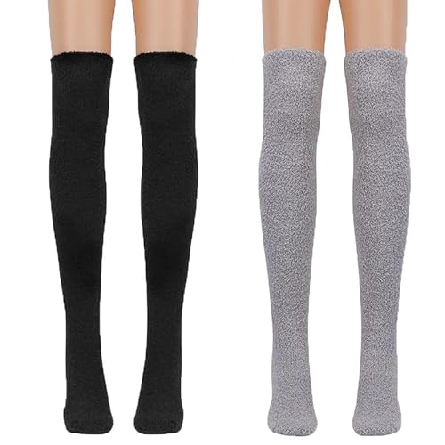 Lupy 2 Paar Kniestrümpfe Damen, Overknee Flauschige Oberschenkel lange Socken, Kuschelsocken Korallenvlies Coral Fleece Warme Süße Thigh High Socks Winter für Frauen Mädchen von Lupy