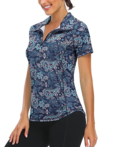 LURANEE Kurzärmeliger Damen-Pullover, feuchtigkeitsableitend, mit Viertelreißverschluss, Paisley Dack Blue, Mittel von Luranee