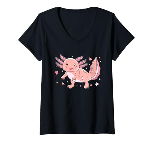 Damen Axolotl Bunter Mexikanischer Salamander T-Shirt mit V-Ausschnitt Damen Axolotl Bunter Mexikanischer Salamander T-Shirt mit V-Ausschnitt von Lurch Zubehör & Axolotl Geschenke