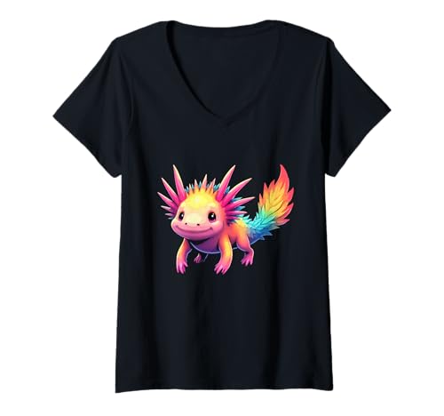Damen Axolotl Bunter Mexikanischer Salamander T-Shirt mit V-Ausschnitt von Lurch Zubehör & Axolotl Geschenke