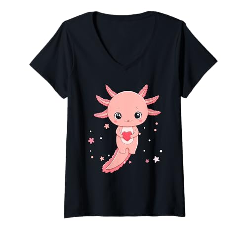 Damen Axolotl Bunter Mexikanischer Salamander T-Shirt mit V-Ausschnitt Damen Axolotl Bunter Mexikanischer Salamander T-Shirt mit V-Ausschnitt von Lurch Zubehör & Axolotl Geschenke