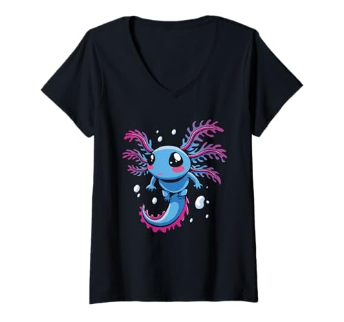 Damen Axolotl Bunter Mexikanischer Salamander T-Shirt mit V-Ausschnitt Damen Axolotl Bunter Mexikanischer Salamander T-Shirt mit V-Ausschnitt von Lurch Zubehör & Axolotl Geschenke