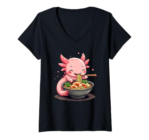 Damen Axolotl Bunter Mexikanischer Salamander T-Shirt mit V-Ausschnitt von Lurch Zubehör & Axolotl Geschenke