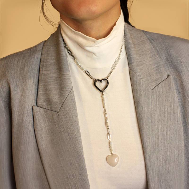 Quarz Herz Anhänger Y2K Halskette Silber Verschluss, Perlen Schmuck Quarz Herz Anhänger Y2K Halskette Silber Verschluss, Perlen Schmuck von LureaStudio