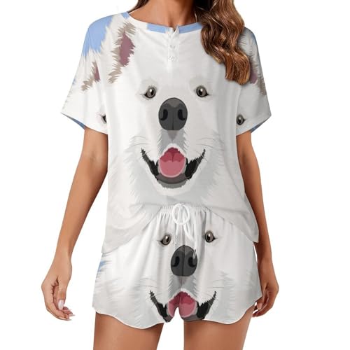 Damen Nachtwäsche Sommer Zuhause Anzug Kurzärmeliges Top Mit Shorts Pyjama Set Samojeden-Hund von Lurnise