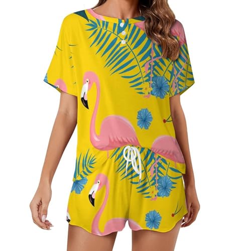 Damen Nachtwäsche Sommer Zuhause Anzug Pflanze Flamingo Kurzärmeliges Top Mit Shorts Pyjama Set von Lurnise