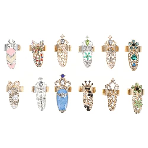 Lurrose 12 Stück Frauen Strass Fingernagel Ring Mode Fingernagel Schmuck Ringe Kristall Nagel Abdeckung Ring Nail Art Charm Krone Finger Dekoration Ringe für Frauen Mädchen von Lurrose