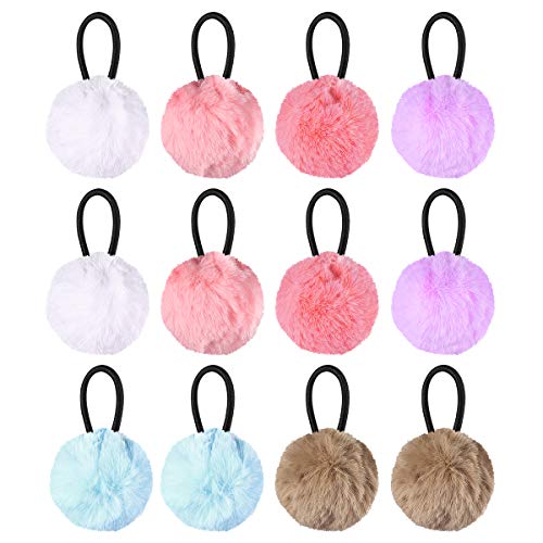 Lurrose 12 Stück flauschige Bälle Haargummis PferdeschwanzHalter elastisch Bommel Bommel Bommel Haargummi niedlich für Kleinkinder Mädchen Kinder (weiß + rosa + himmelblau + khaki + helllila + rot 2 von Lurrose