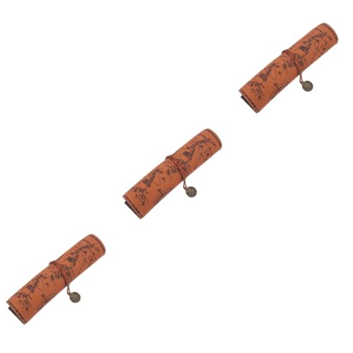 Lurrose 3stücke Vintage Roll up Federmäppchen Mit Kartenmuster Großer Bleistift Organizer Für Stifte Pinsel Und Kosmetik Tragbare Aufbewahrungstasche Mattbraun von Lurrose