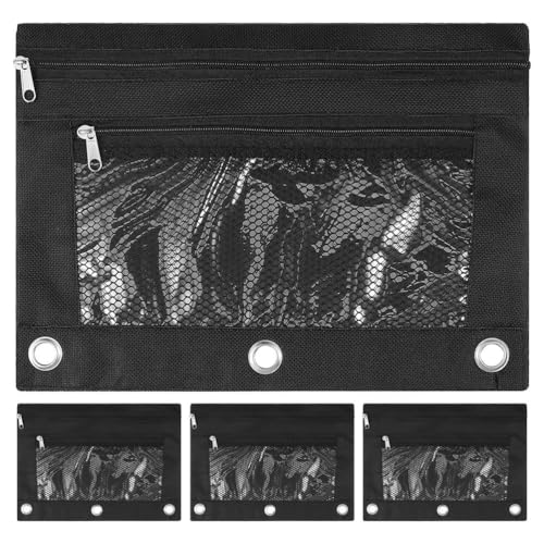 Lurrose 4-teiliges Federmäppchen: Organizer mit 3 Ringen und Reißverschluss – Stifte-Aufbewahrungstasche aus Netzstoff – Oxford-Halter für Schulbedarf für Notizbücher – Karteikartenfach von Lurrose