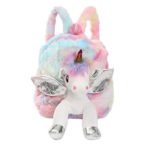 Lurrose Einhorn-Design, Plüsch-Rucksack, legere Tasche, bunte Schulranzen, Büchertasche für Kinder (silberfarbene Flügel) von Lurrose