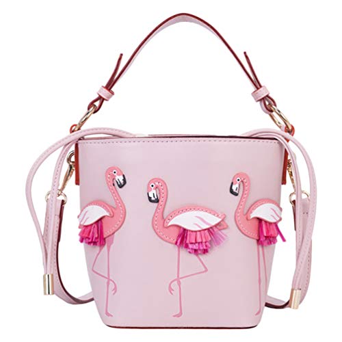 Lurrose Flamingo Muster Eimer Tasche Schulter Tasche PU Leder Tasche Tragbaren Umhängetasche Tote Handtasche für Frauen Mädchen (Licht Rosa) von Lurrose