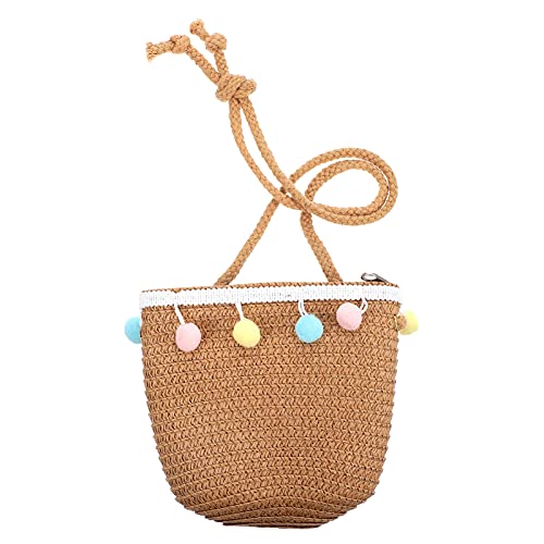 Lurrose Geflochtene Strohtasche mit Pompon und Stroh, süße Schultertasche für Sonne Strand Reisen Mädchen Kinder von Lurrose