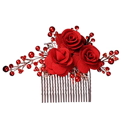 Lurrose Haarkamm aus rotem Stoff mit Brautschmuck und Strasssteinen von Lurrose