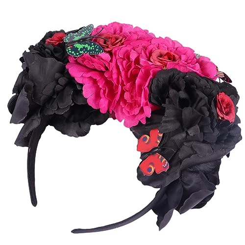 Lurrose Mexikanische Blumenkrone Tag Der Toten Stirnband Mit Schmetterling Halloween Party Kostüm Kopfbedeckung Für Frauen (Schwarz) von Lurrose