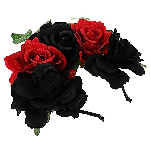 Lurrose Schwarze Stirnbänder Rosenblüten-Stirnband Mexikanische Blumenkrone Tag Der Toten Haarband Für Halloween Cosplay-Party (Rot) Braut Kopfschmuck von Lurrose