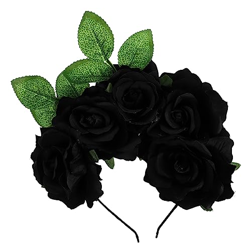 Lurrose Haarschmuck Für Die Braut Rosenblüten-Stirnband Mexikanische Blumenkrone Tag Der Toten Haarband Für Halloween Cosplay-Party () Schwarze Stirnbänder von Lurrose