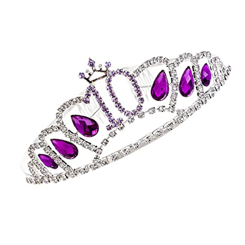 Lurrose Strass Mädchen Tiara Anzahl Zehn Lila Strass Krone Stirnbänder Kleinkind 10 Prinzessin Tiara Krone mit Kamm Haar Zubehör für Geburtstag Party Dusche Foto von Lurrose