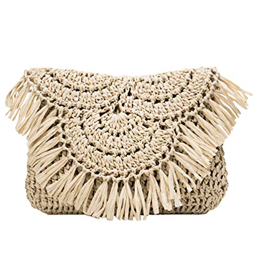 Lurrose Stroh Woven Handtasche Strand Tasche Umhängetasche Quaste Sommer Schulter Tasche Umschlag Geldbörse Brieftasche für Urlaub Am Meer (Beige) von Lurrose