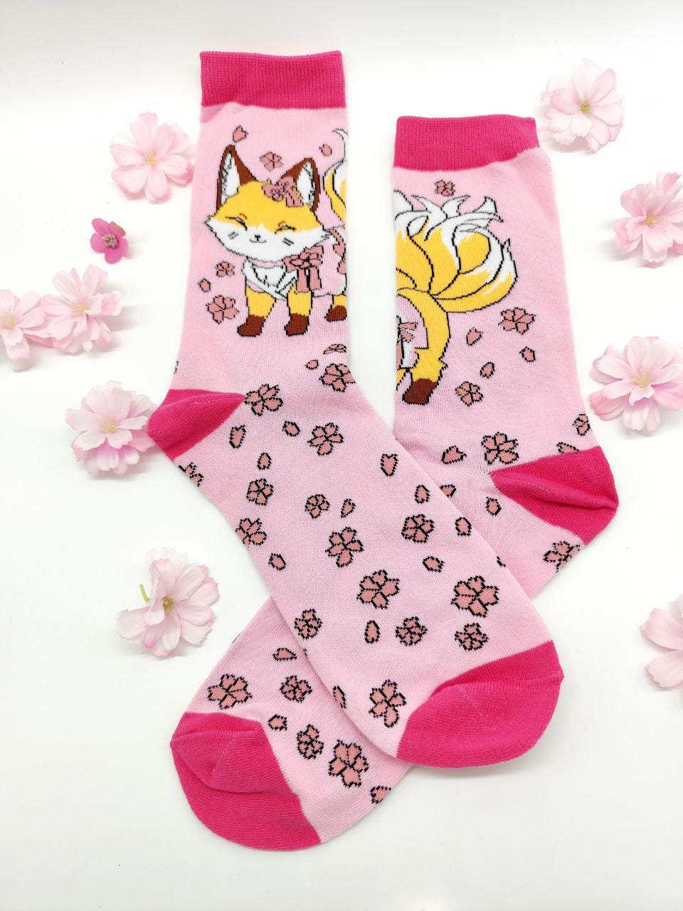 Sakura Fuchs Kirschblüten Socken - Rosa/Pink Eu 36-43 | Oeko-Tex® 100, Unisex Crew, Geschenk Für Anime Fans von LusAmigurumi