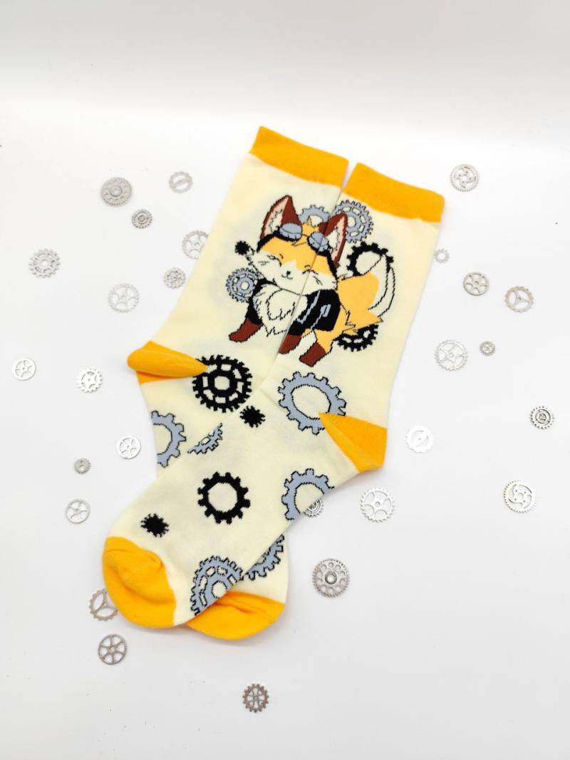 steampunk Fuchs Socken - Creme/Gelb Eu 36-43 | Oeko-Tex® 100, Unisex Crew, Zahnräder Motiv von LusAmigurumi