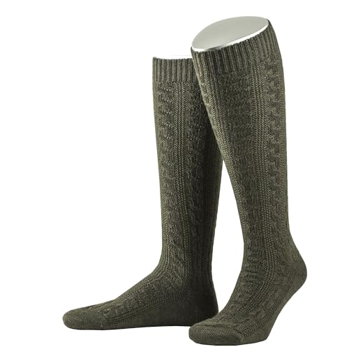 Lusana Trachtenkniestrümpfe mit Merino-Schurwolle für Herren & Damen | Kniestrümpfe Trachten mit 6 Zöpfen und verstärkter Ferse und Spitze | Jägeroliv | Größe 40-41 | Qualität aus Deutschland von Lusana
