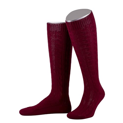 Lusana Trachtenkniestrümpfe mit Merino-Schurwolle für Herren & Damen | Kniestrümpfe Trachten mit 6 Zöpfen und verstärkter Ferse und Spitze | Burgund | Größe 42-43 | Qualität aus Deutschland von Lusana