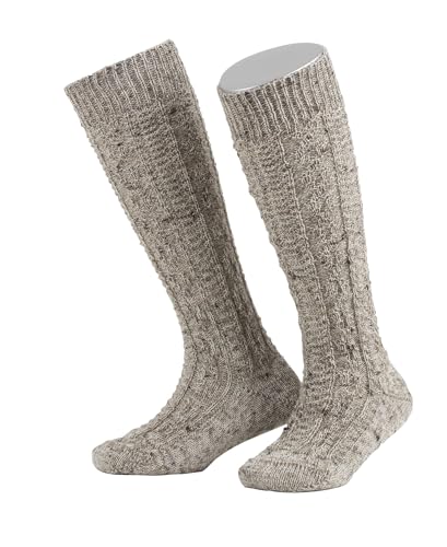 Lusana Trachtenstrümpfe Loden Tweed Kinder Socken 100% Merinowolle | Trachtensocken für Jungen zur Oktoberfest & Tracht | Trachtenkniestrümpfe mit Zopfmuster | Mittelbeigemeliert | Größe 23 - 26 von Lusana