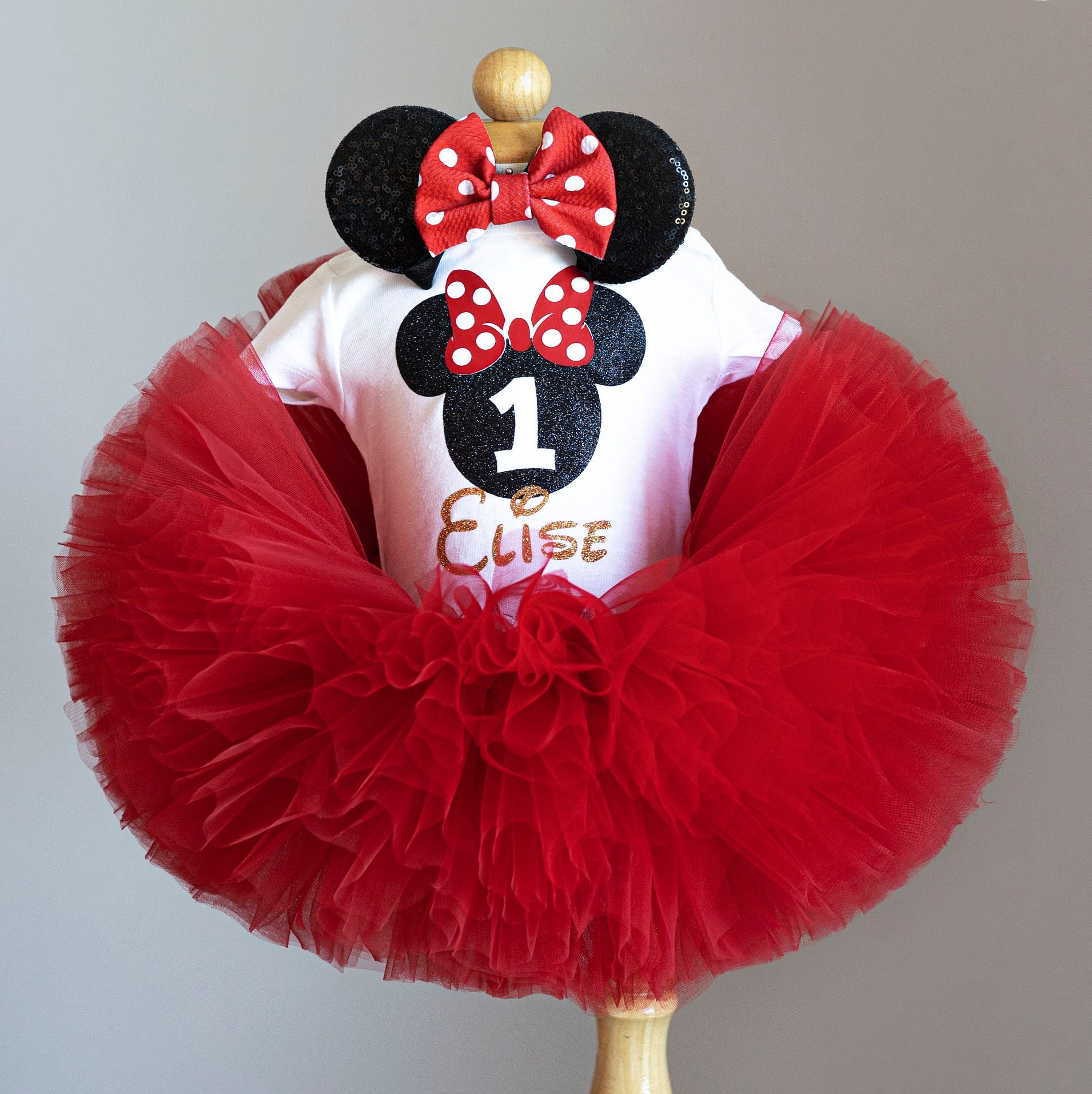 Minnie Maus 1. Geburtstag Outfit - Rotes Tutu, Bodysuit & Schleife Personalisiert Mit Name von LushParadiseBoutique
