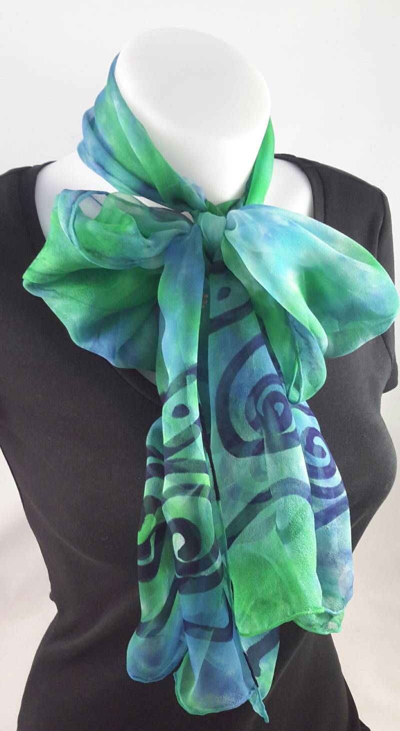 Seide Schal Lange Hand Bemalt Chiffon Marine Blau Grün Türkis Seide Schal Lange Hand Bemalt Chiffon Marine Blau Grün Türkis von LushSilk
